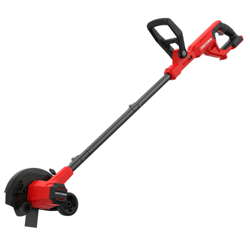 Photo of Craftsman CMCED400B cordless lawn edger, red and black, side angle on white background.
