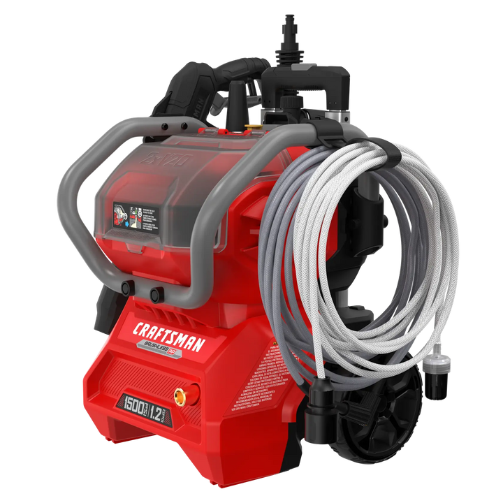 Photo of Craftsman portable pressure washer CMCPW1500N2, red body, hose coiled, front angle on white background.