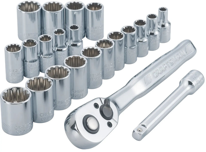 Craftsman CMMT12014 socket wrench set with ratchet, extension bar, and multiple sockets, chrome finish, front angle.