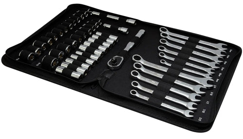 Craftsman tool set CMMT12119 with sockets, wrenches, ratchet and extensions in black zippered case, angled view.
