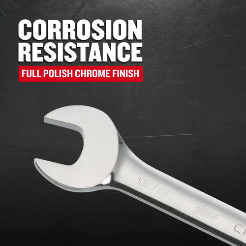 Craftsman chrome polished open-end wrench CMMT38961, angled view, corrosion resistance graphics.